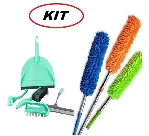 Kit Espanador Microfibra + Kit Pá Escovas E Rodo Plástico