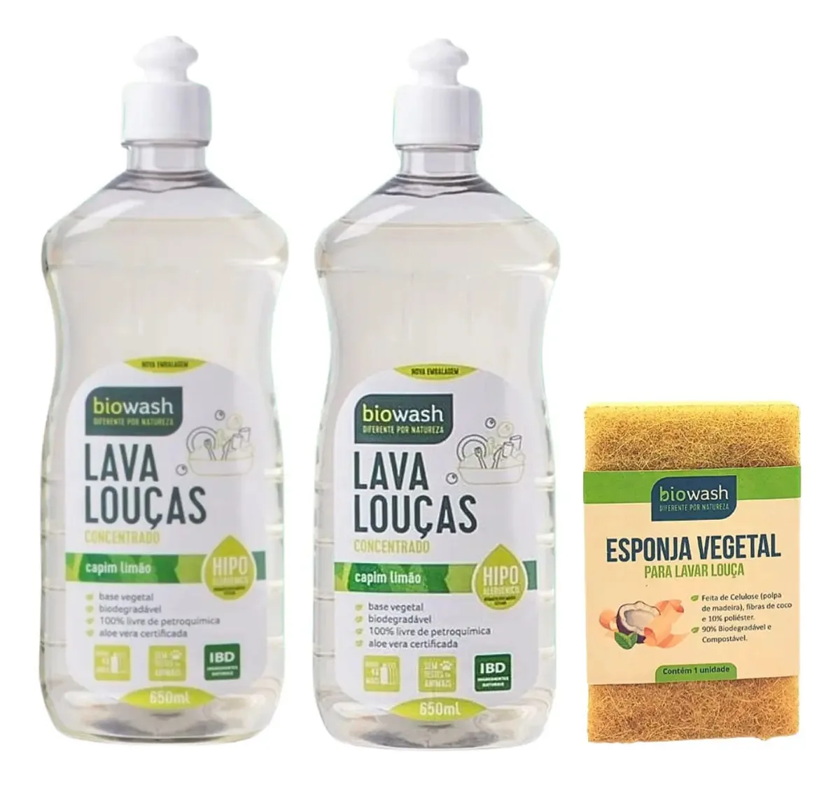 2x Detergente Lava Louças Capim Limão Esponja Biodegradável