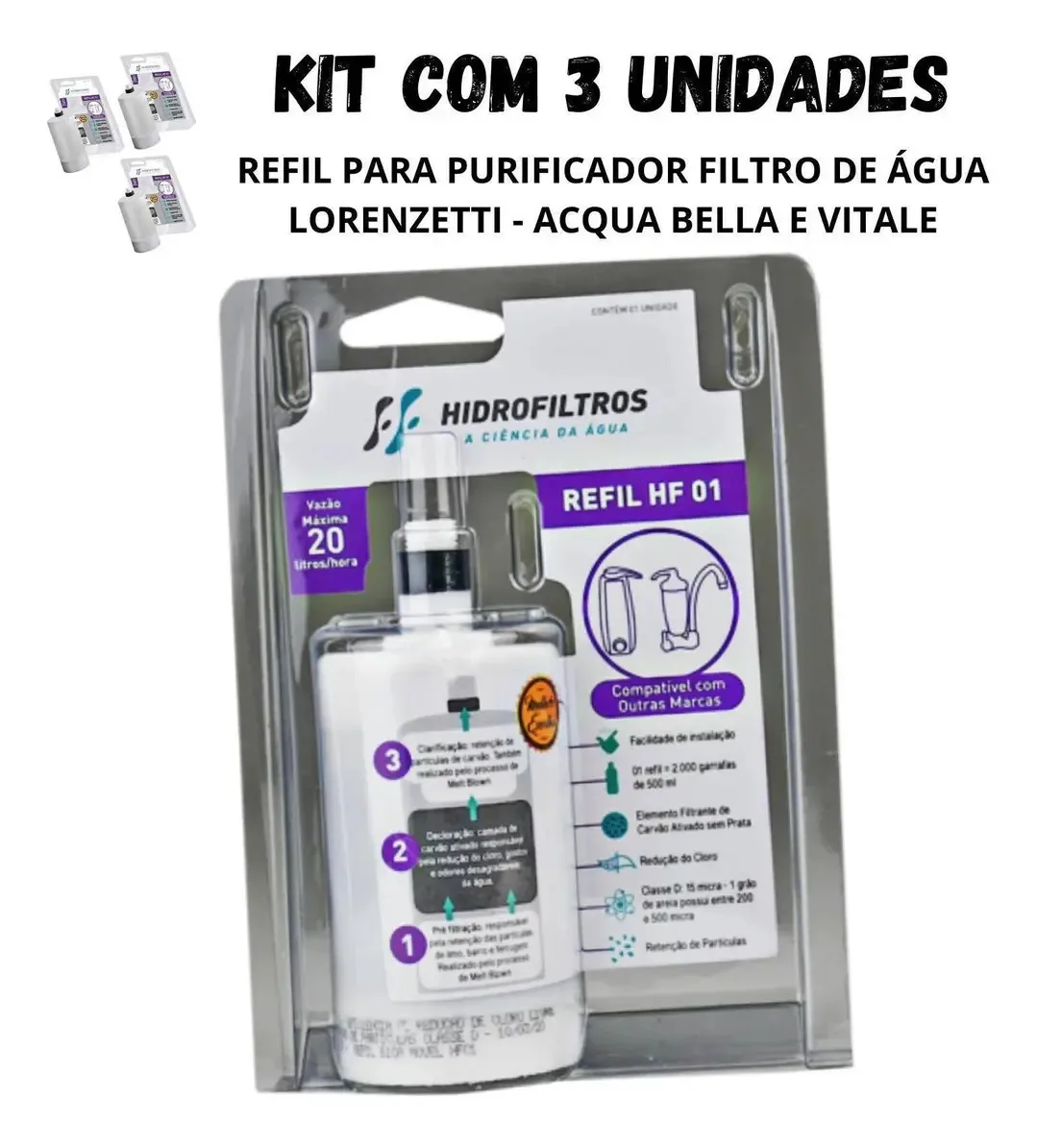 3 Refil Vela Filtro Água Lorenzetti Acqua Bella Vitale Rv-01