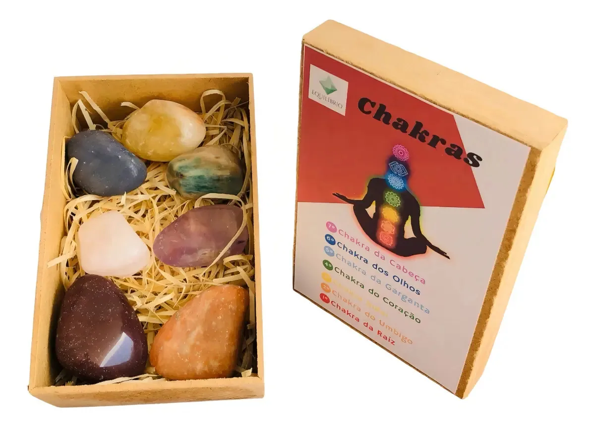 Kit 7 Chakras Pedras Naturais Meditação com Caixa Madeira Equilíbrio