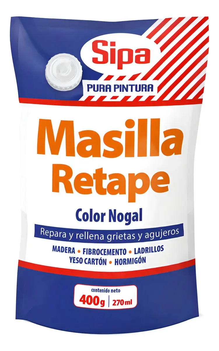 A massa de nogueira Sipa de 400 gramas (retape) para interior de madeira cobre defeitos, pregos e juntas, deixando a superfície pronta para pintura