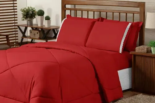 Roupa De Cama Casal Queen Vermelho 6 Pecas Poliéster Edredom
