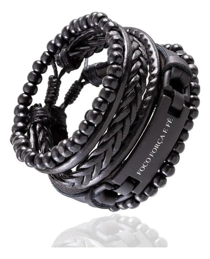 Kit De Pulseiras Foco, Força E Fé Universo Maschio Preta Cor Preto