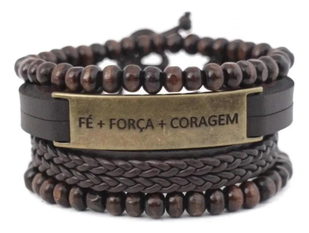Kit De Pulseiras Fé. Força E Coragem Marrom Ajustável
