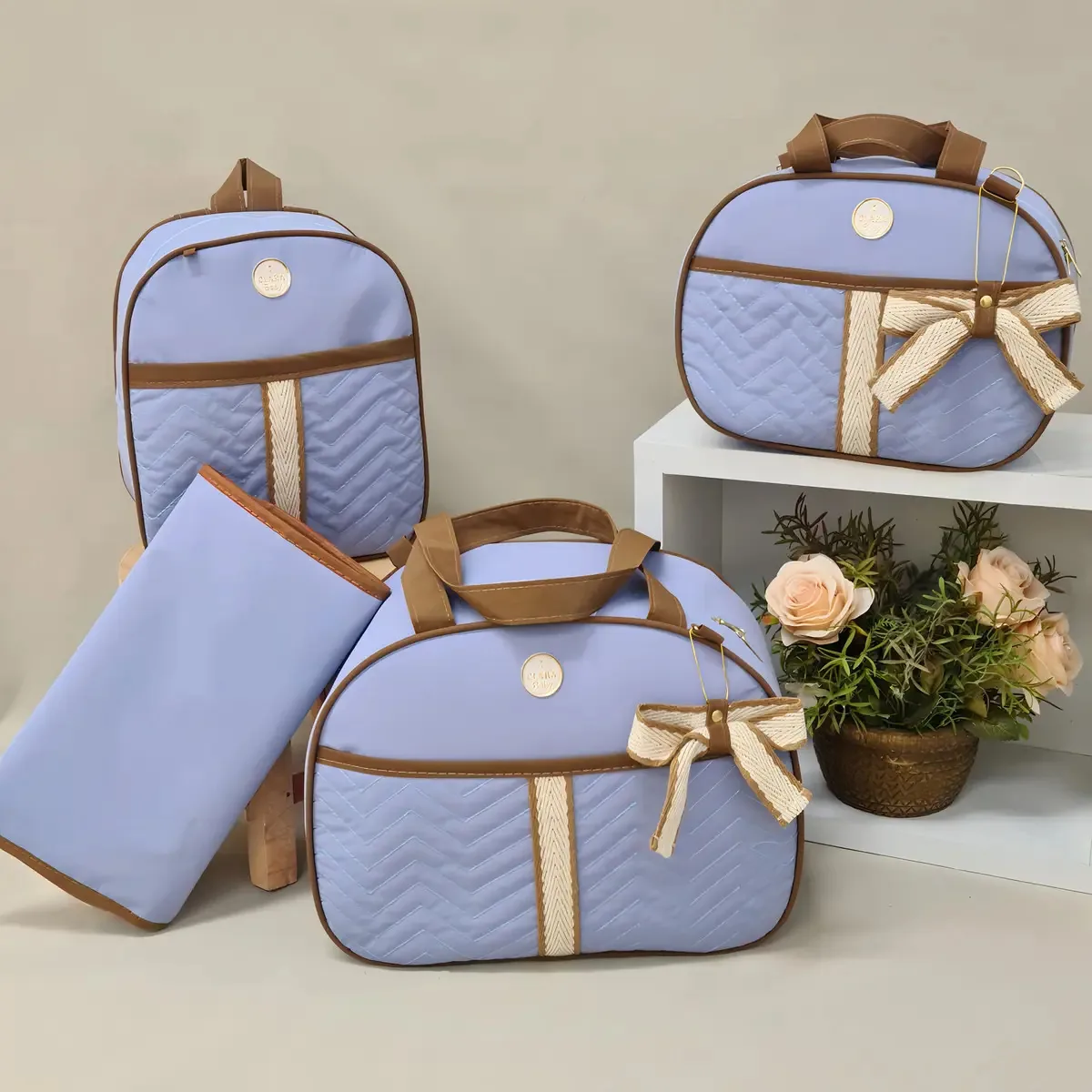 Kit Bolsa Maternidade Azul Bebê - Grande + Mochila, Trocador