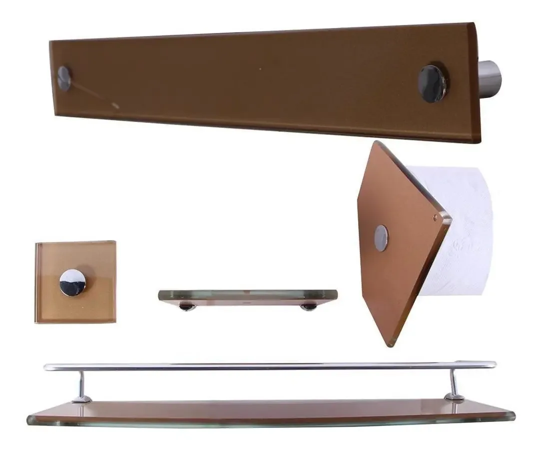 Kit Acessórios Para Banheiro Vidro 5 Peças Dourado Reto