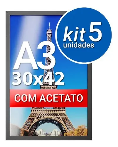 Kit 5un Molduras Para Quadros Preta Com Acetato Proteção