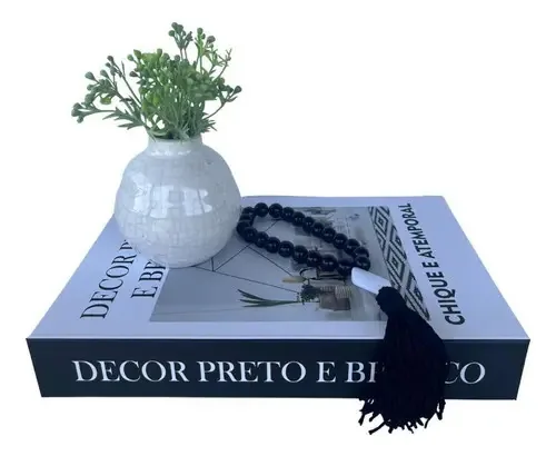 Decoração Sala Livro Fake + Vaso Bola Branco + Adorno Colar