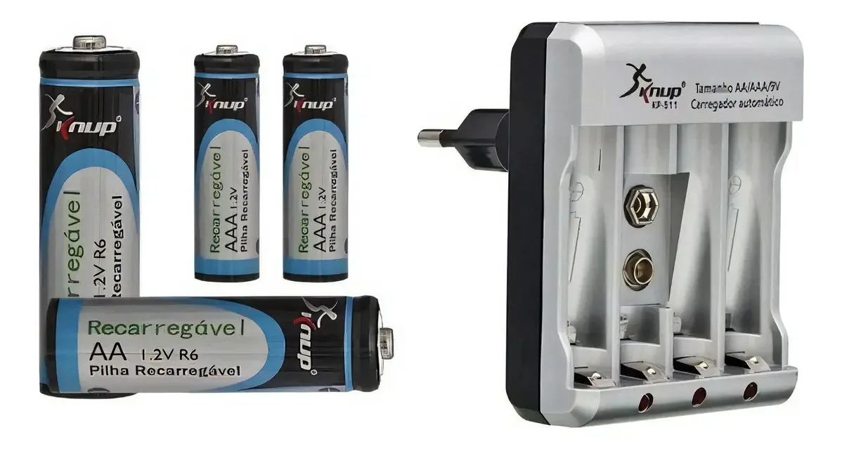 4 Pilhas Recarregável Knup Aa Aaa + Carregador Rápido Bivolt