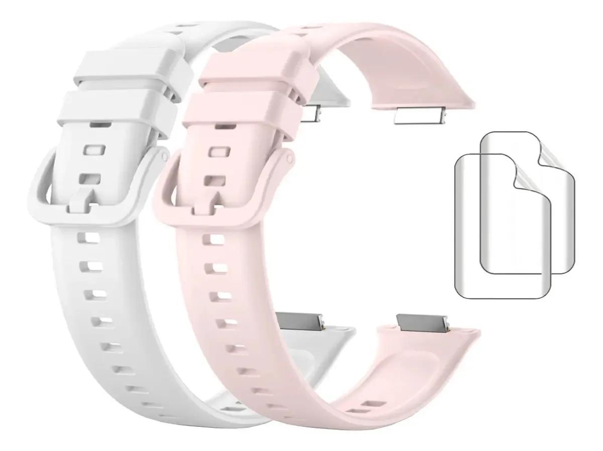 2 Pulseiras Silicone + 2 Películas Para Huawei Watch Fit 2 Cor Branco/rosa