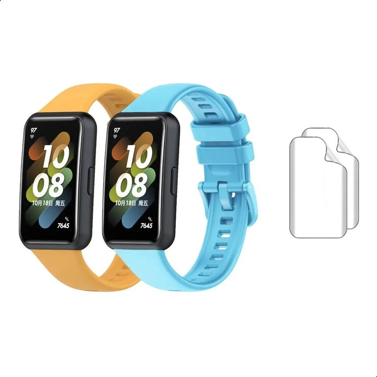 2 Pulseiras + 2 Películas Proteção Tela Para Huawei Band 7 Cor Amarelo E Azul-claro
