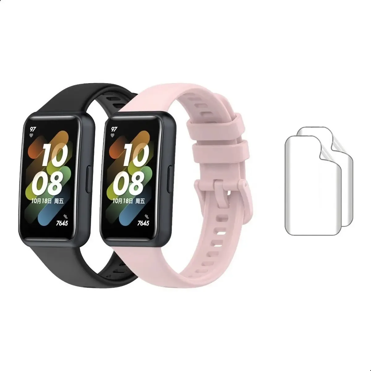 2 Pulseiras + 2 Películas Proteção Tela Para Huawei Band 7 Cor Preto E Rosa