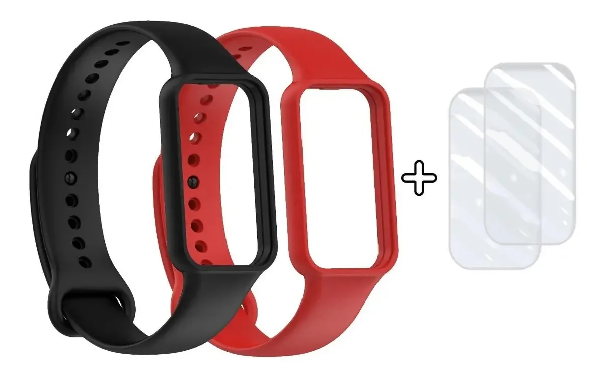2 Pulseiras De Silicone + 2 Películas Para Amazfit Band 7 Cor Preto/vermelho