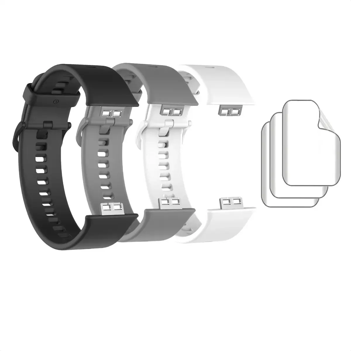3 Pulseiras Silicone + 3 Películas Para Huawei Watch Fit Cor Preto/cinza/branco