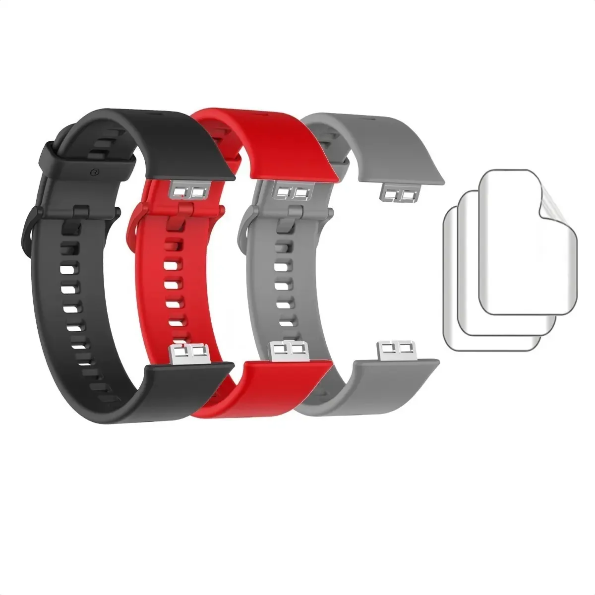 3 Pulseiras Silicone + 3 Películas Para Huawei Watch Fit Cor Preto/vermelho/cinza