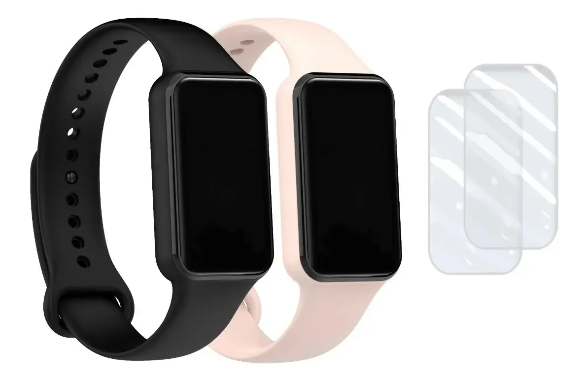 Kit 2 Pulseiras Silicone + 2 Películas Para Amazfit Band 7 Cor Preto / Rosa