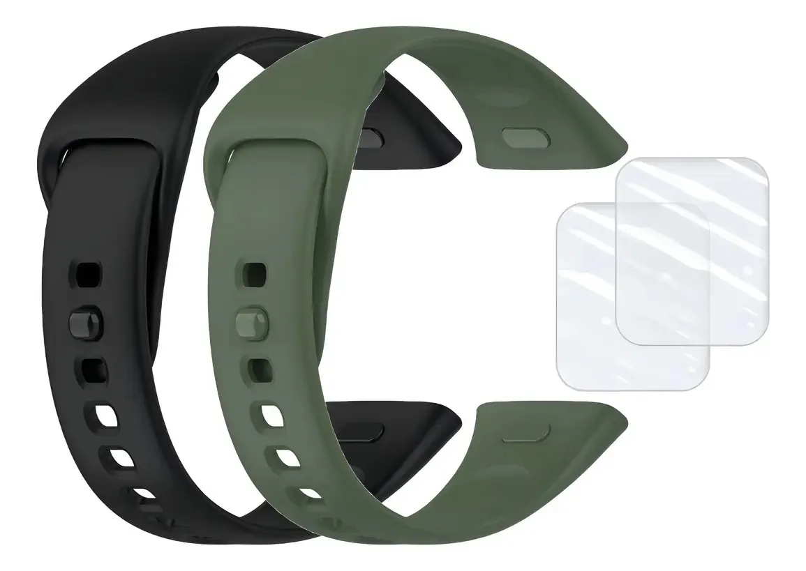 2 Pulseiras Silicone + 2 Películas Para Xiaomi Redmi Watch 3 Cor Preto/Verde
