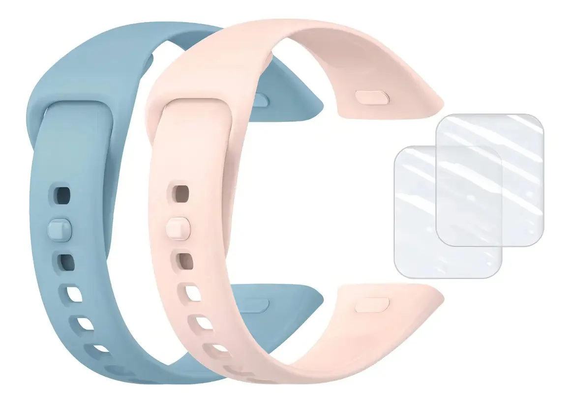 2 Pulseiras Silicone + 2 Películas Para Xiaomi Redmi Watch 3 Cor Azul/Rosa