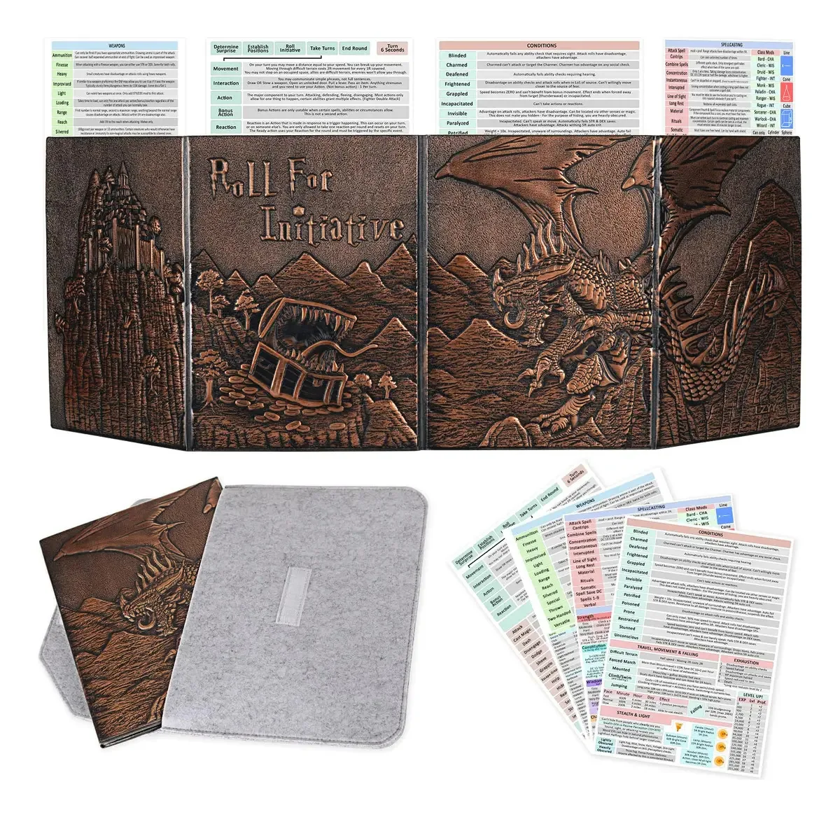 Tela DM DnD Dungeon Master de Couro Sintético com Design de Dragão e Imitação, Quatro Painéis com Bolsos, Tela DM para Dungeons And Dragon, Pathfinder, D&D