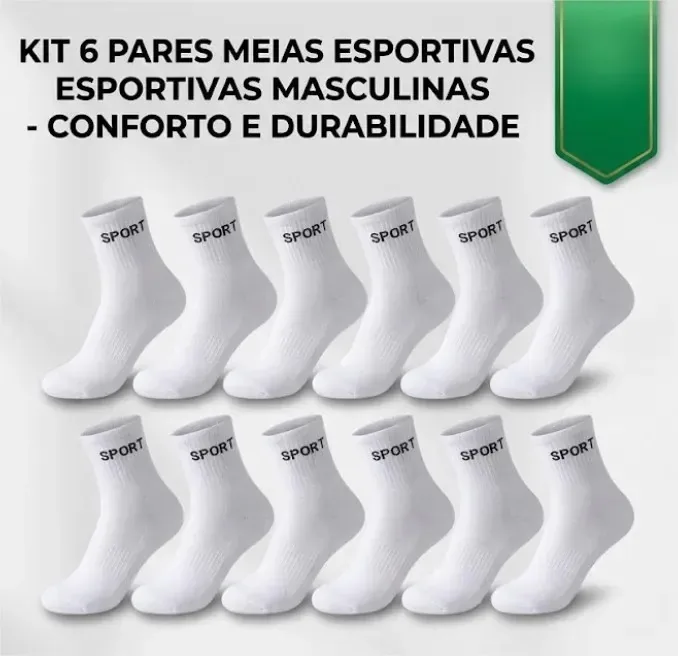 Kit 6 Meia Cano Alto P/ Prática De Esporte Futebol Handebol Cor Branco Tamanho 38-43