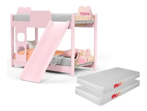 Cama Beliche Infantil Juvenil Com Escorregador E 2 Colchões Cor Princesa Encanto