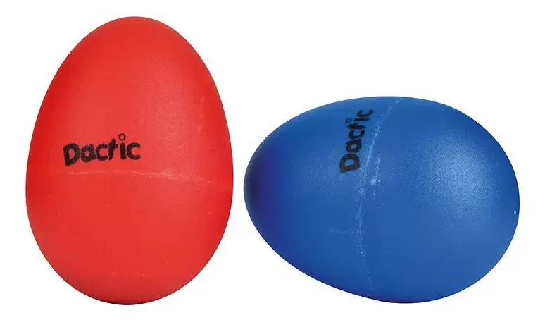 Instrumento musical: ovos, chocalhos de plástico, cor azul-vermelho, design de ovo