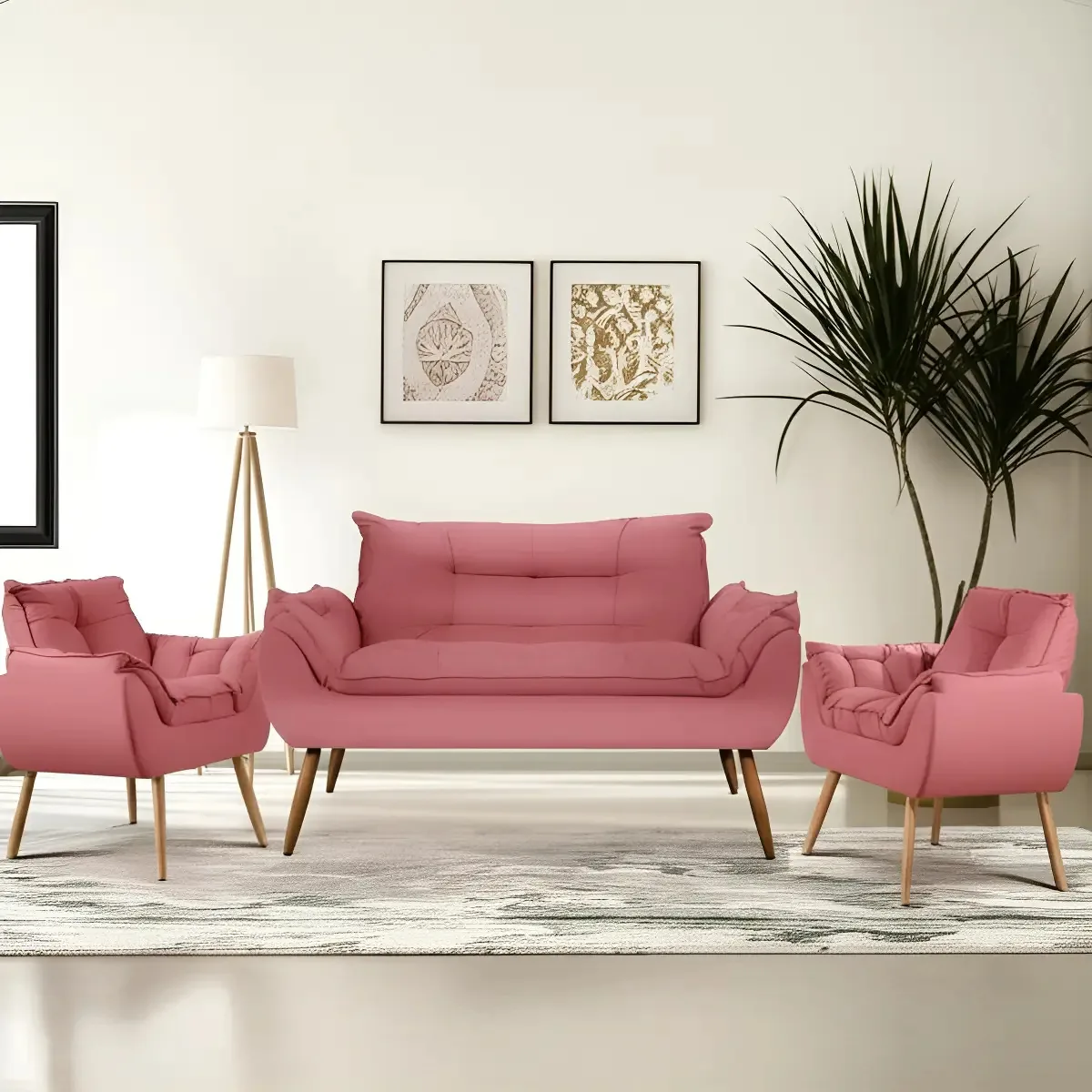 Kit Namoradeira Opala + 2 Poltronas Para Sala Balaqui Decor Cor Rosa