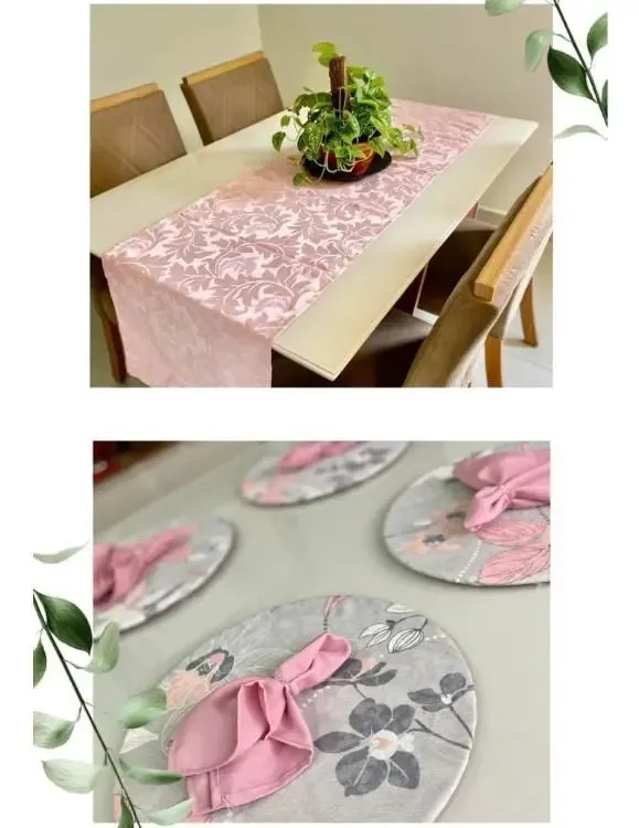 Kit 6 Sousplat + Caminho De Mesa 1,50x0,40m Rosa E Cinza