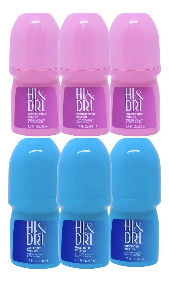 Kit 6 Desodorantes Roll On Hi & Dri 300ml Powder e Unscented