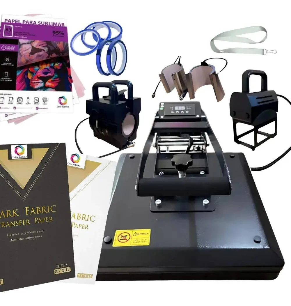 Kit Máquina Prensa Térmica 5 em 1 Sublimação para Camisetas e Insumos