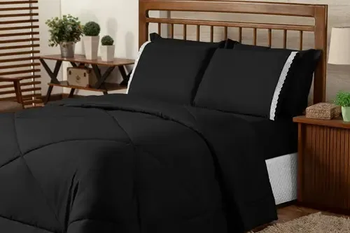 Kit Roupa De Cama Edredom + Jogo De Cama Casal Queen 6peças Cor Preto