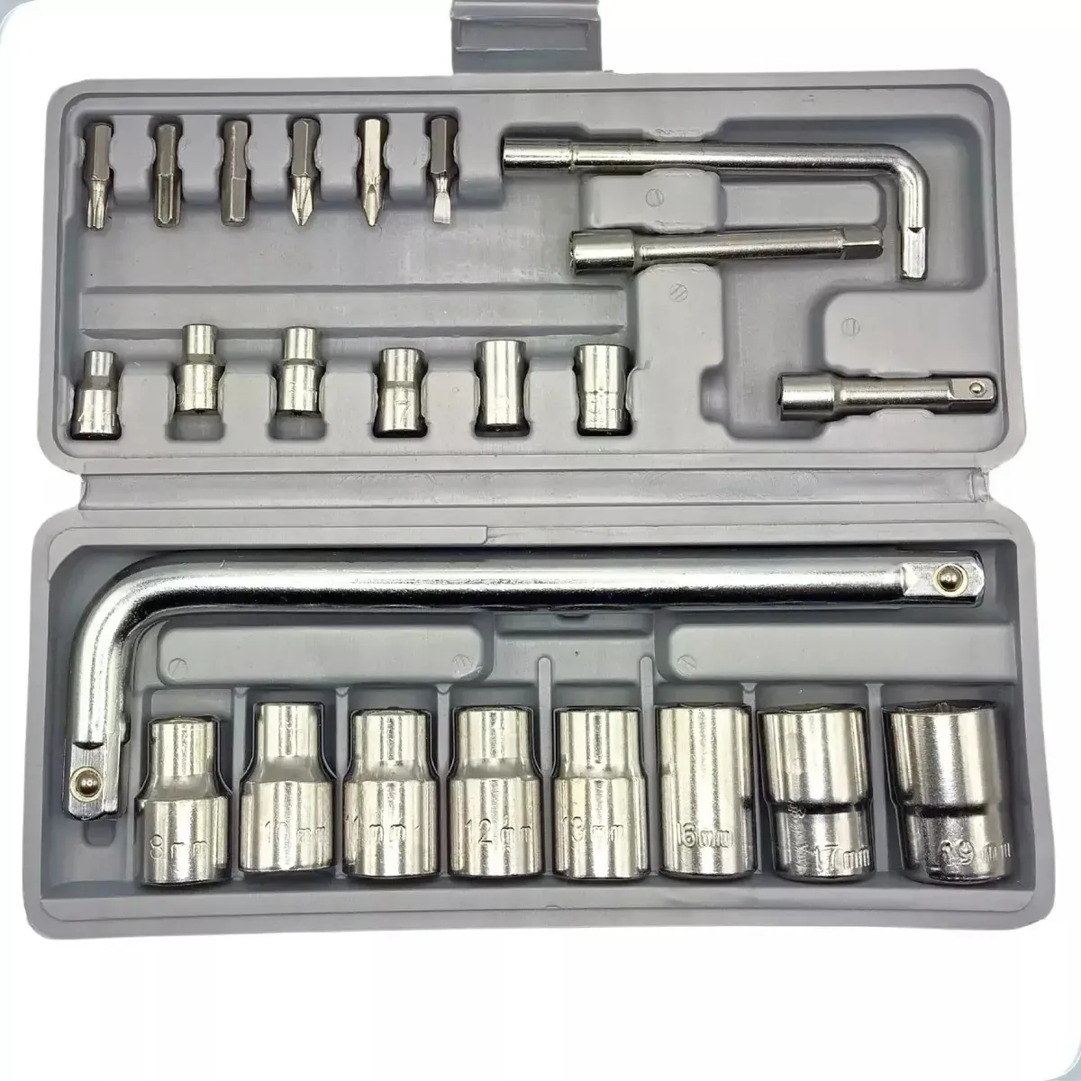 Kit Jogo 24pçs Chave L Soquete Boca Bits Cromado C/ Estojo Cor Prateado