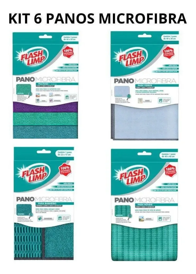 Kit Com 6 Panos Microfibra Flashlimp Banheiro Móveis Vidros