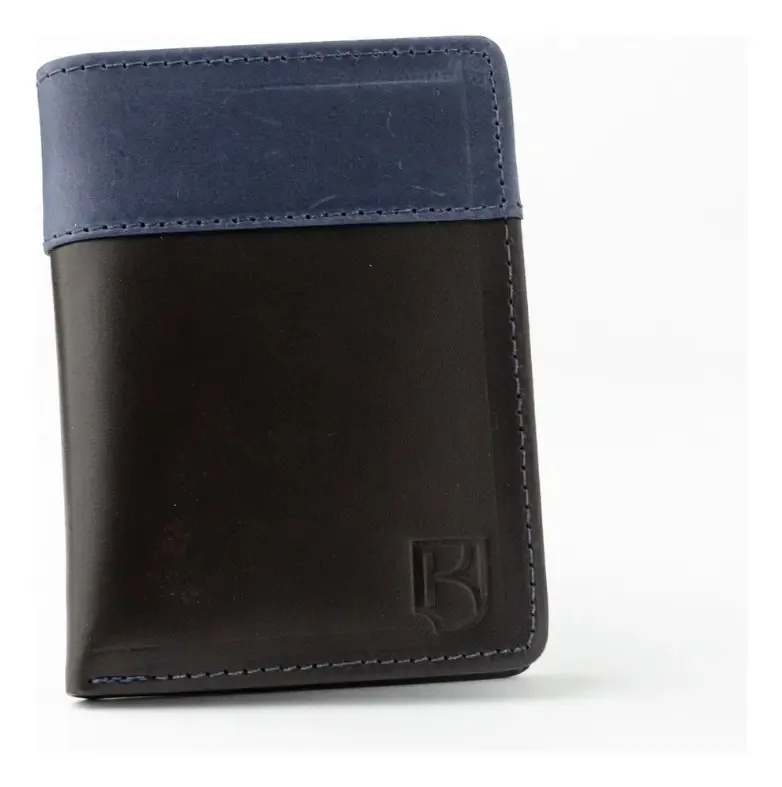 Carteira Porta Cartão Couro Masculina Rfid Slot Cédulas Cnh Cor Marrom Escuro/Azul Marinho