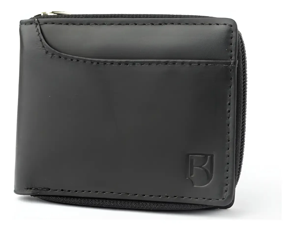 Carteira Masculina Couro Legítimo Grande Zíper Porta Moedas Cor Preto