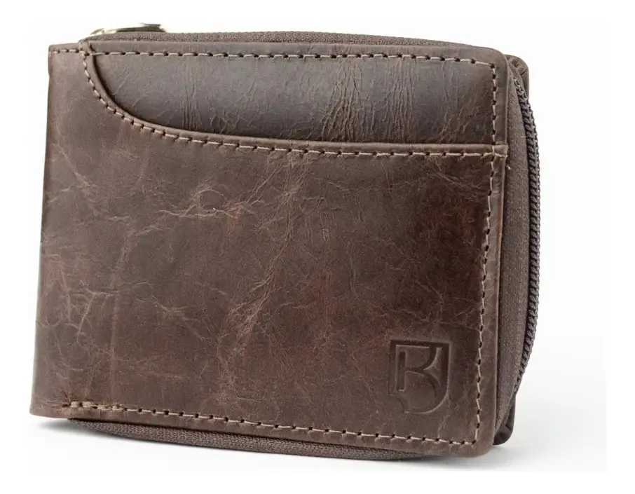 Carteira Masculina Couro Legítimo Grande Zíper Porta Moedas Cor Marrom Chocolate