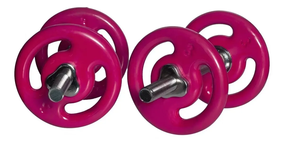 2 Halteres Rosca Barra Maciça 40cm+4 Anilhas De 3kg Academia Cor Cromado e Rosa