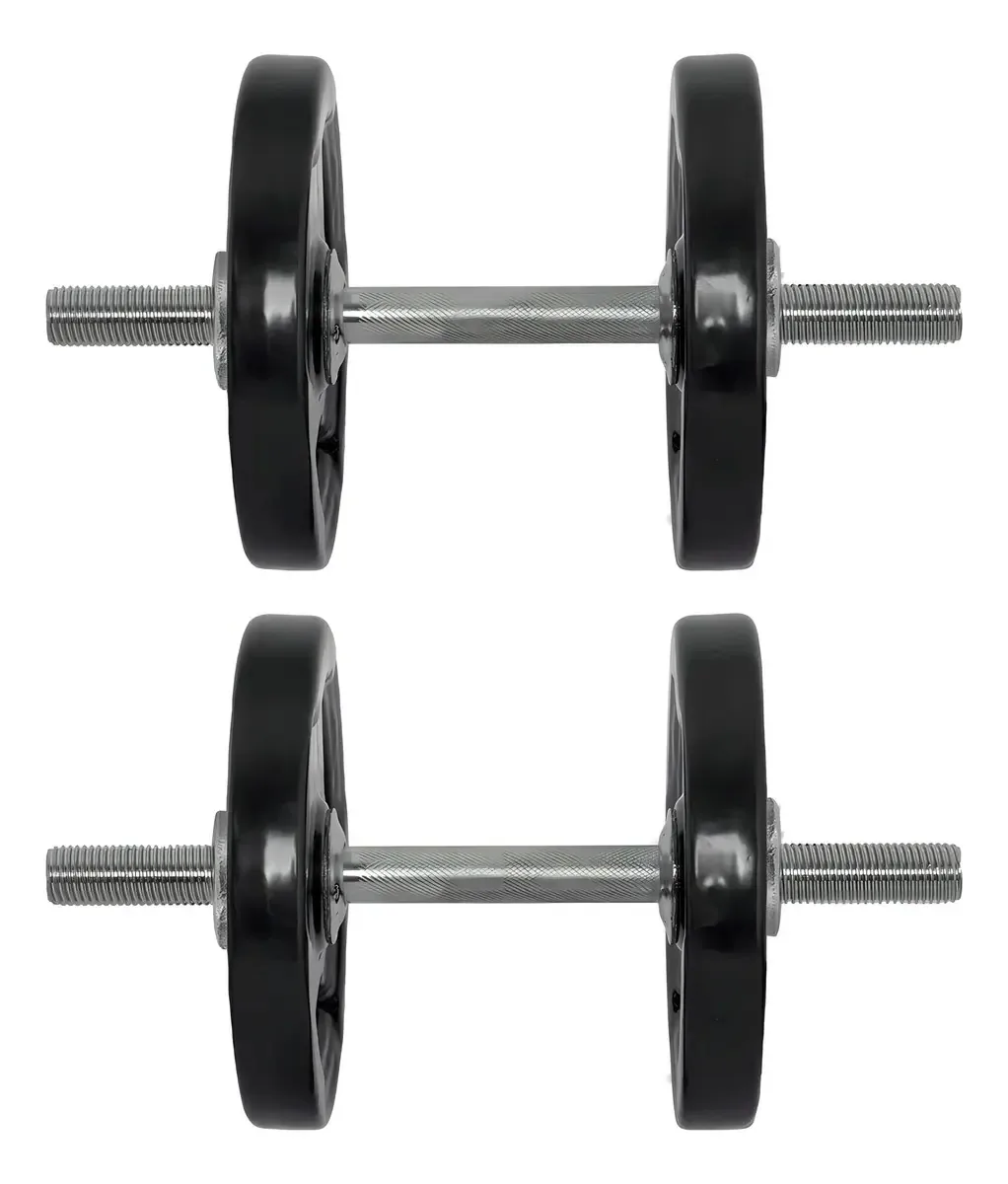 Kit 24kg Par Halteres Rosca + 20kg De Anilhas Emborrachadas Cor Preto-cromado