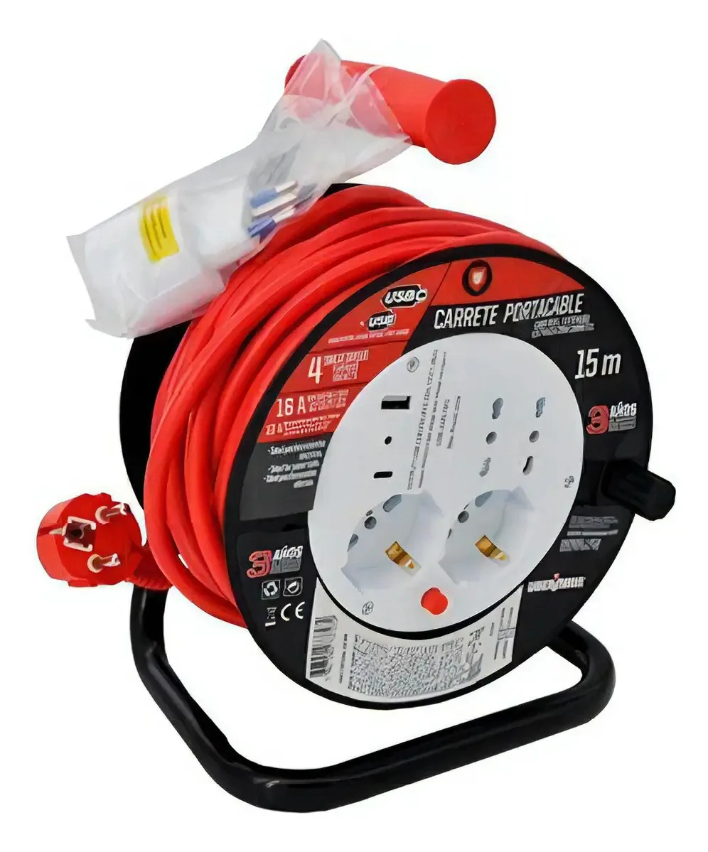 Bobina de extensão Ubermann Pro 15m 16/10a, 4 soquetes e 2 USB vermelhos e pretos