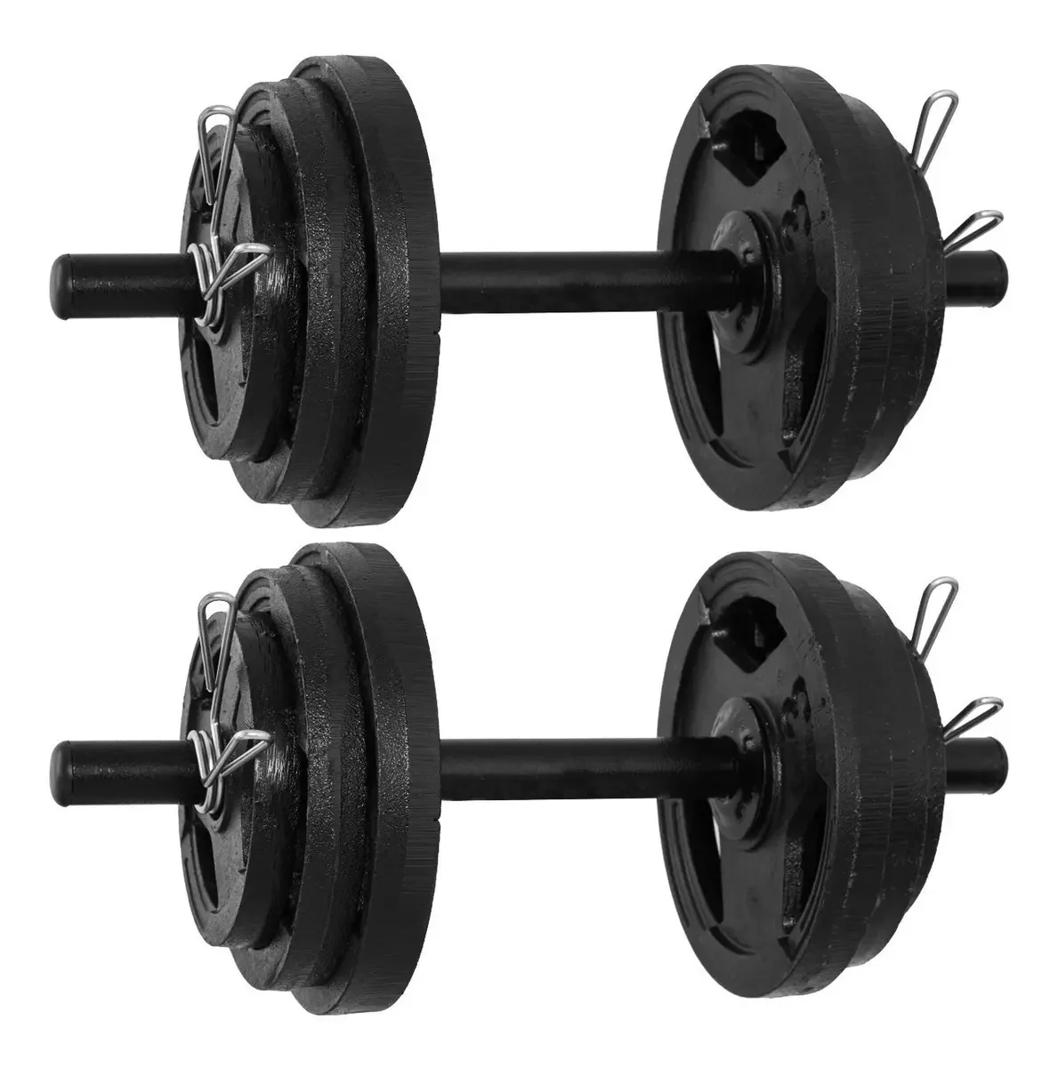 02 Halteres Oca+4 Anilhas De 1kg 2kg 3kg P/ Barras Academias Cor Cromado-Preto