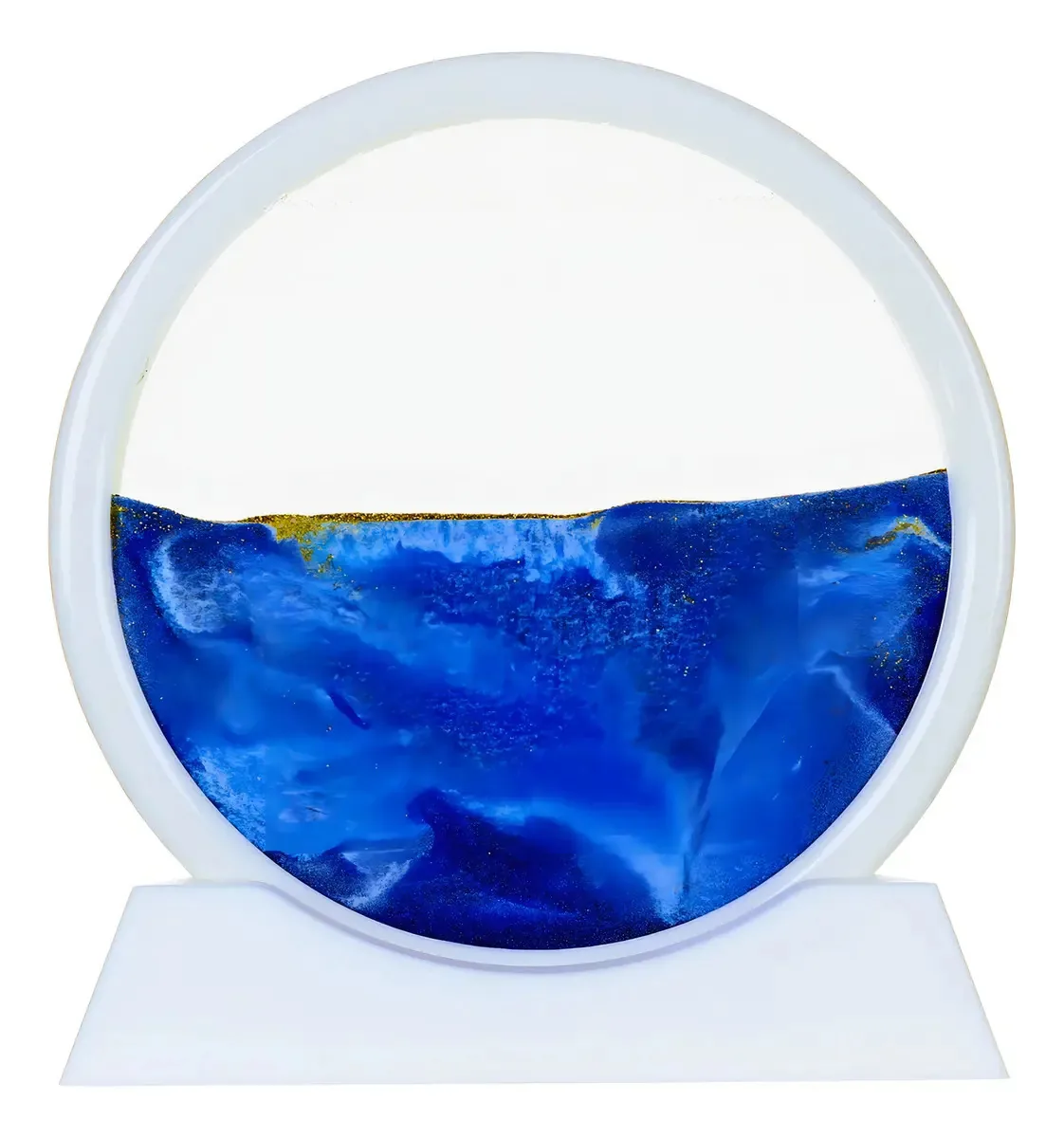 Decoração artística: ampulheta e água, movimento líquido azul