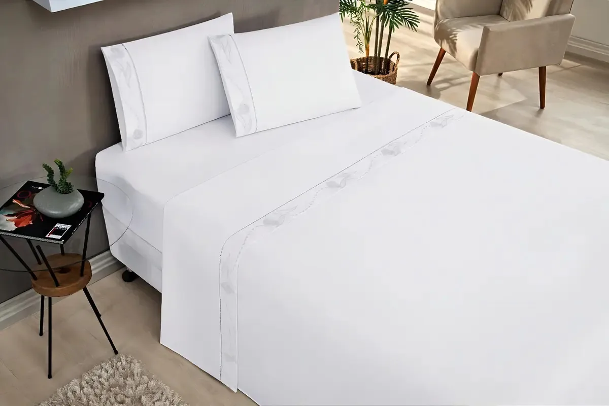 Roupa Cama Casal Bordado Percal 180 Fios Super Macio Branco