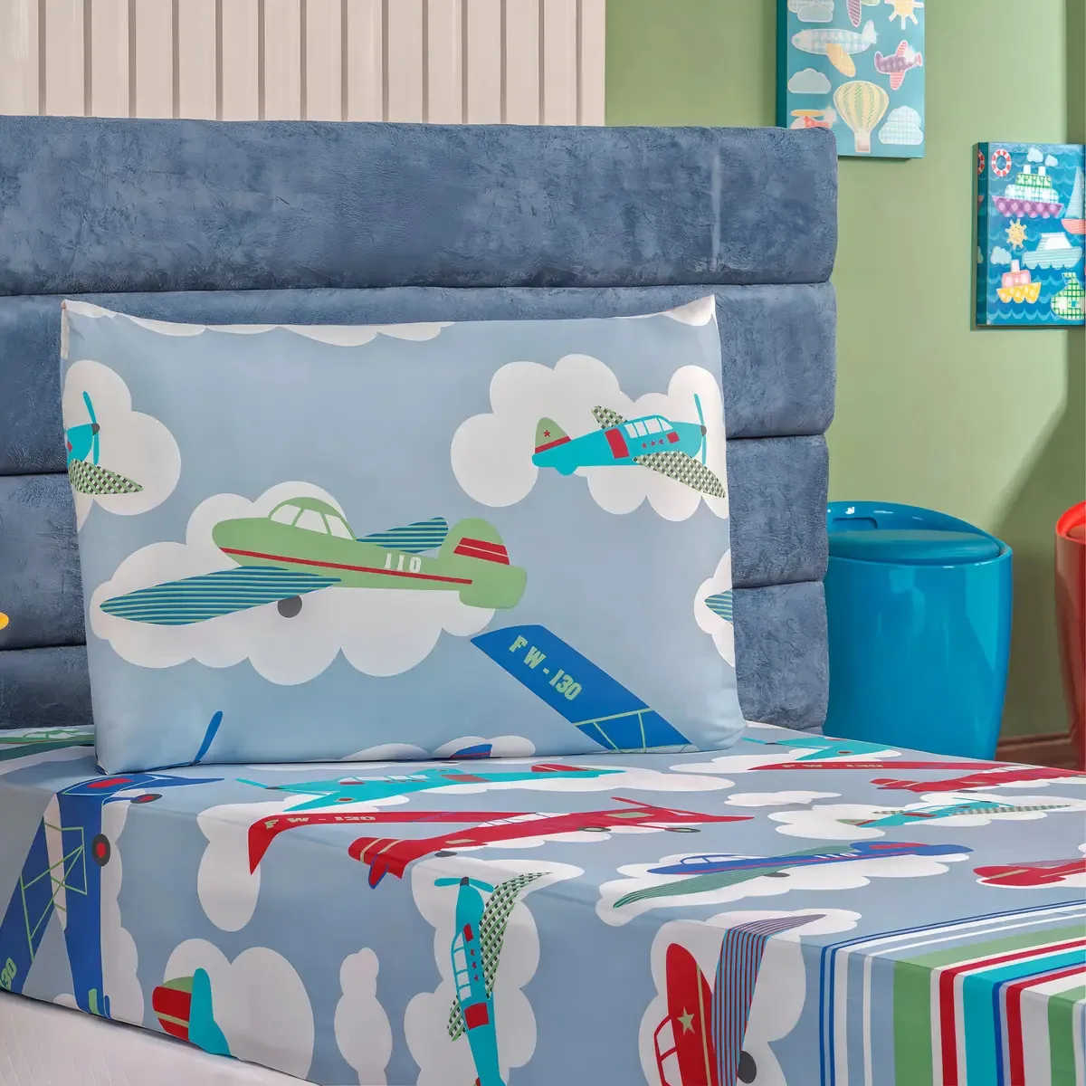 Roupa De Cama Infantil Menino 2 Pçs Bouti Lençol C/ Elastico Cor Aviao