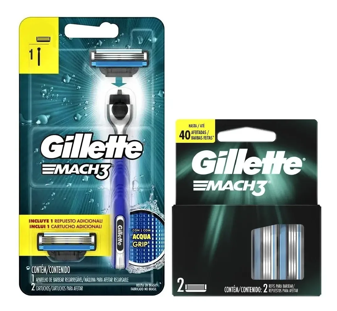 Aparelho De Barbear Acqua Grip Mais 2 Cargas Gillette Mach 3