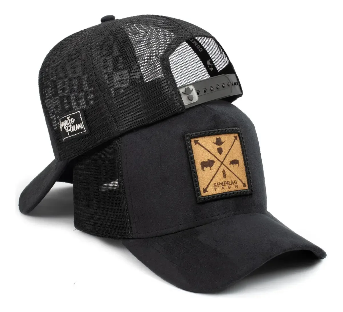 Boné Trucker Aba Curva Agro Farm Em Camurça Premium Cor Preto Tamanho 58 Cm De Circunferência + Ajuste
