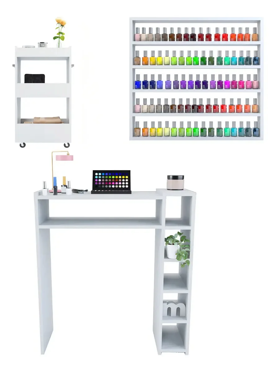 Mesinha Manicure Nichos + Expositor Porta Esmalte + Carrinho Cor Branco