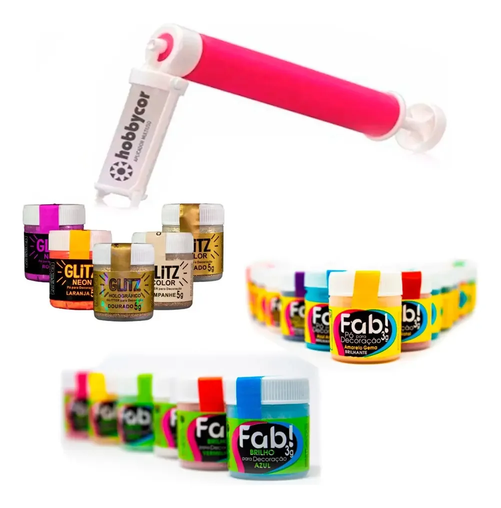 10 Cores Pó Fab + Borrifador De Corante Bolos Confeitaria