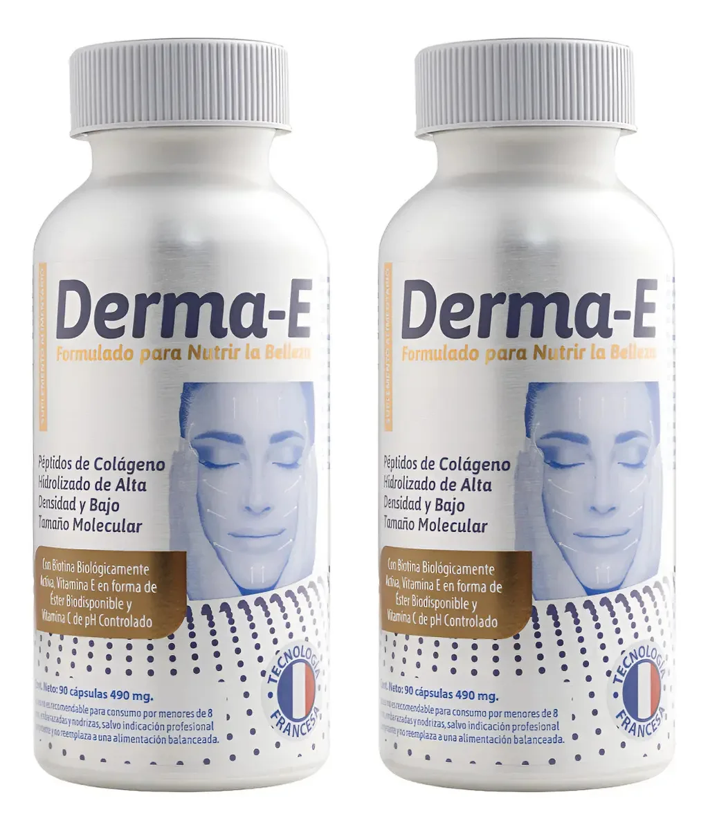 Colágeno hidrolisado Derma-e, biotina ativa, vitamina E, vitamina C. Beleza e pele vitais e jovens. Embale 2 garrafas. Cápsulas