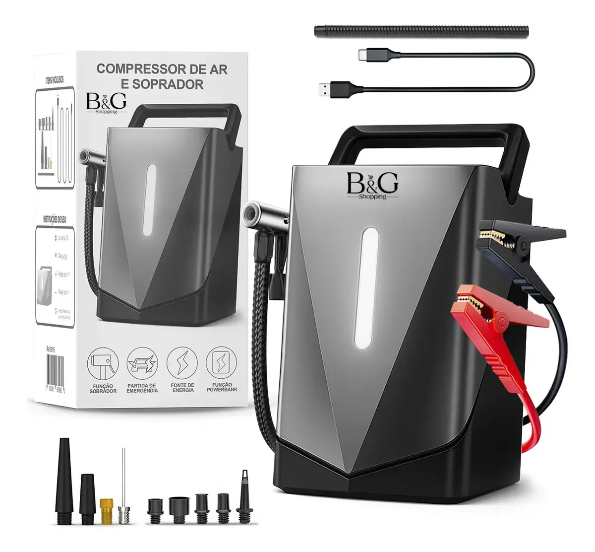 Bomba De Ar Pneu Mini Compressor Auxiliar Partida Automotivo B&g Mini Bateria Portátil Carros Motos Bola Infláveis Tela Digital Led Carro Lanterna 4 Em 1