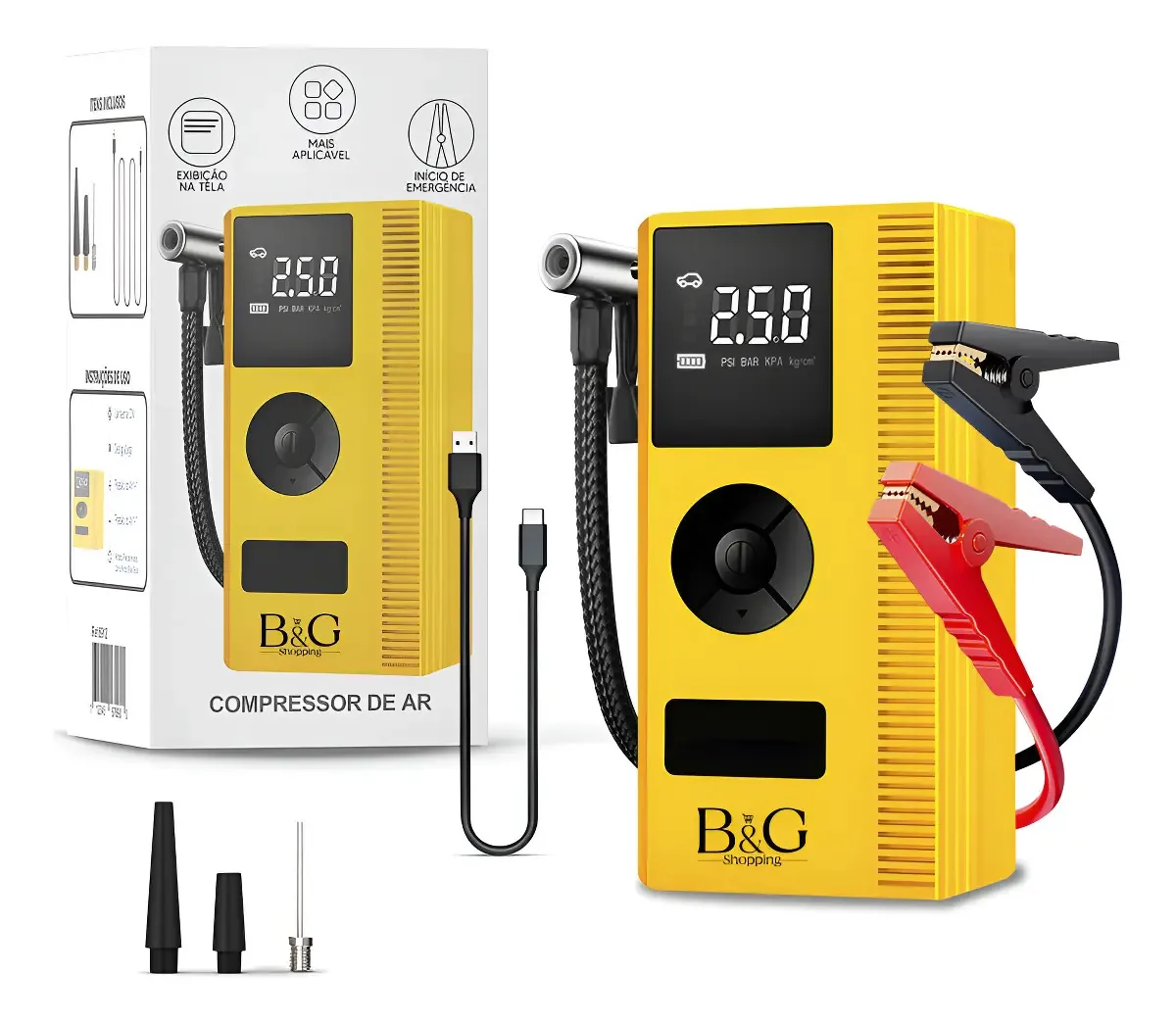 Bomba De Ar Pneu Mini Compressor Auxiliar Partida Automotivo Bateria Portátil Mini Carros Motos Bola Infláveis Tela Digital Led 4 Em 1 Carro Lanterna B&g